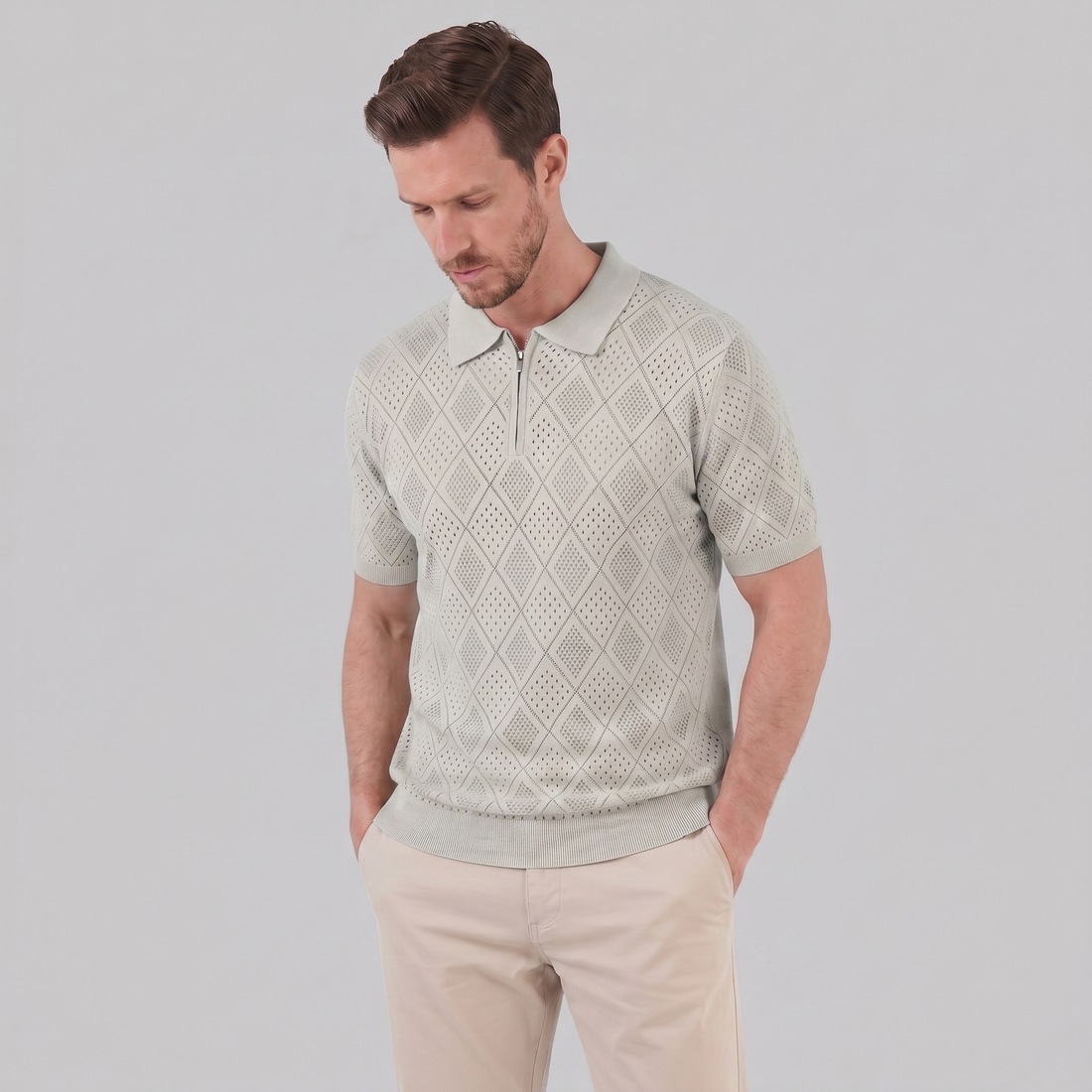 Men's Argyle Pointelle Summer Zip Polo