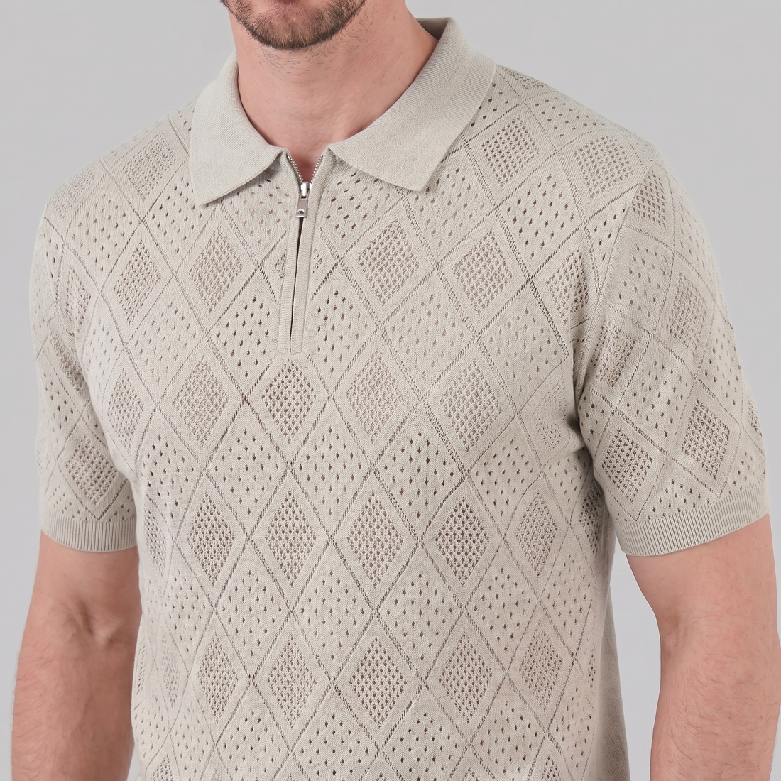 Men's Argyle Pointelle Summer Zip Polo