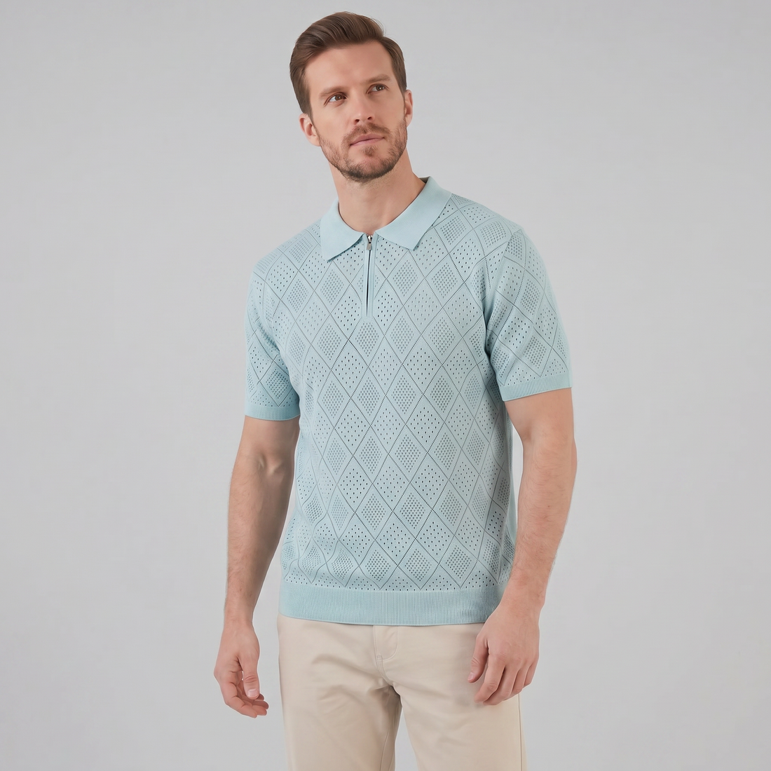Men's Argyle Pointelle Summer Zip Polo