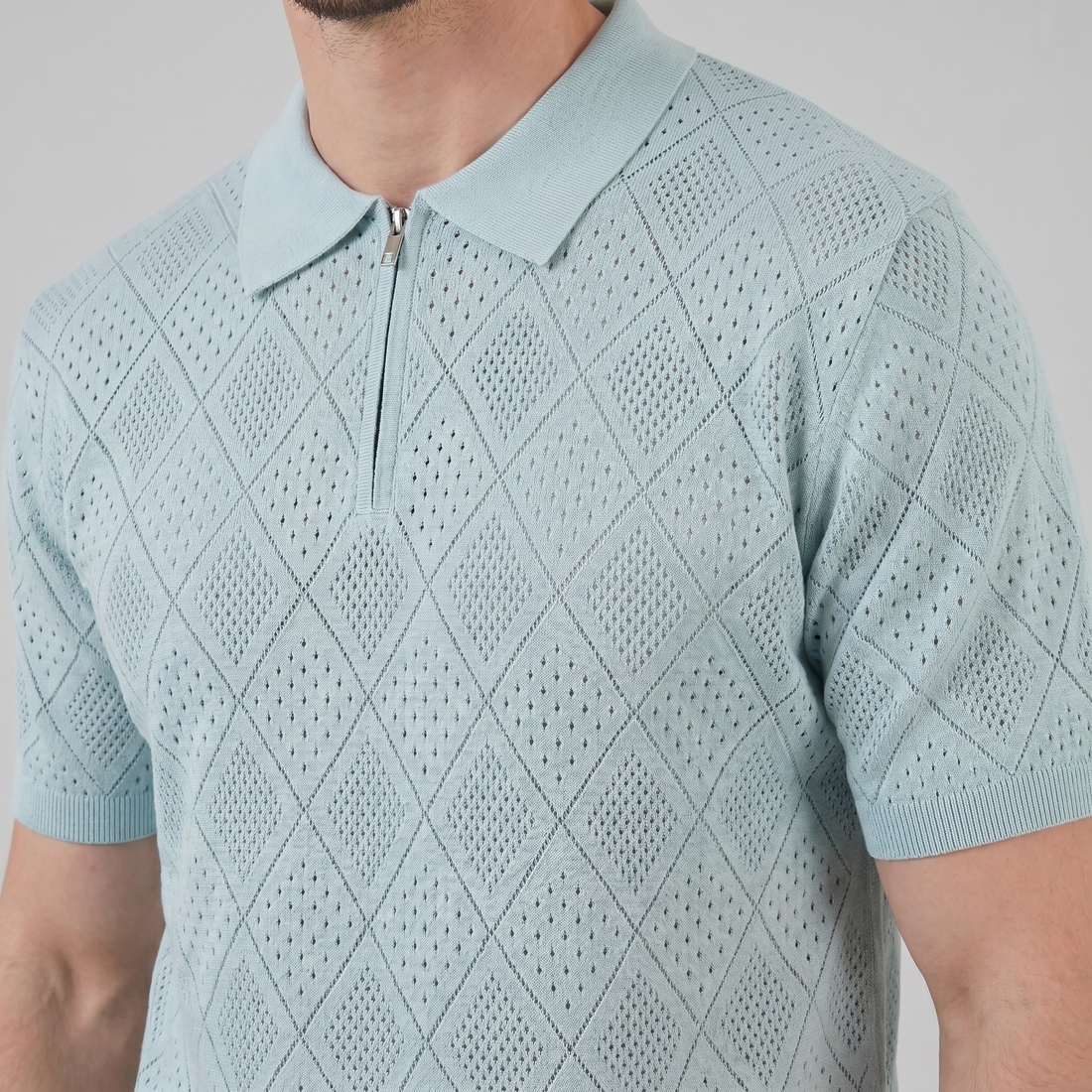 Men's Argyle Pointelle Summer Zip Polo