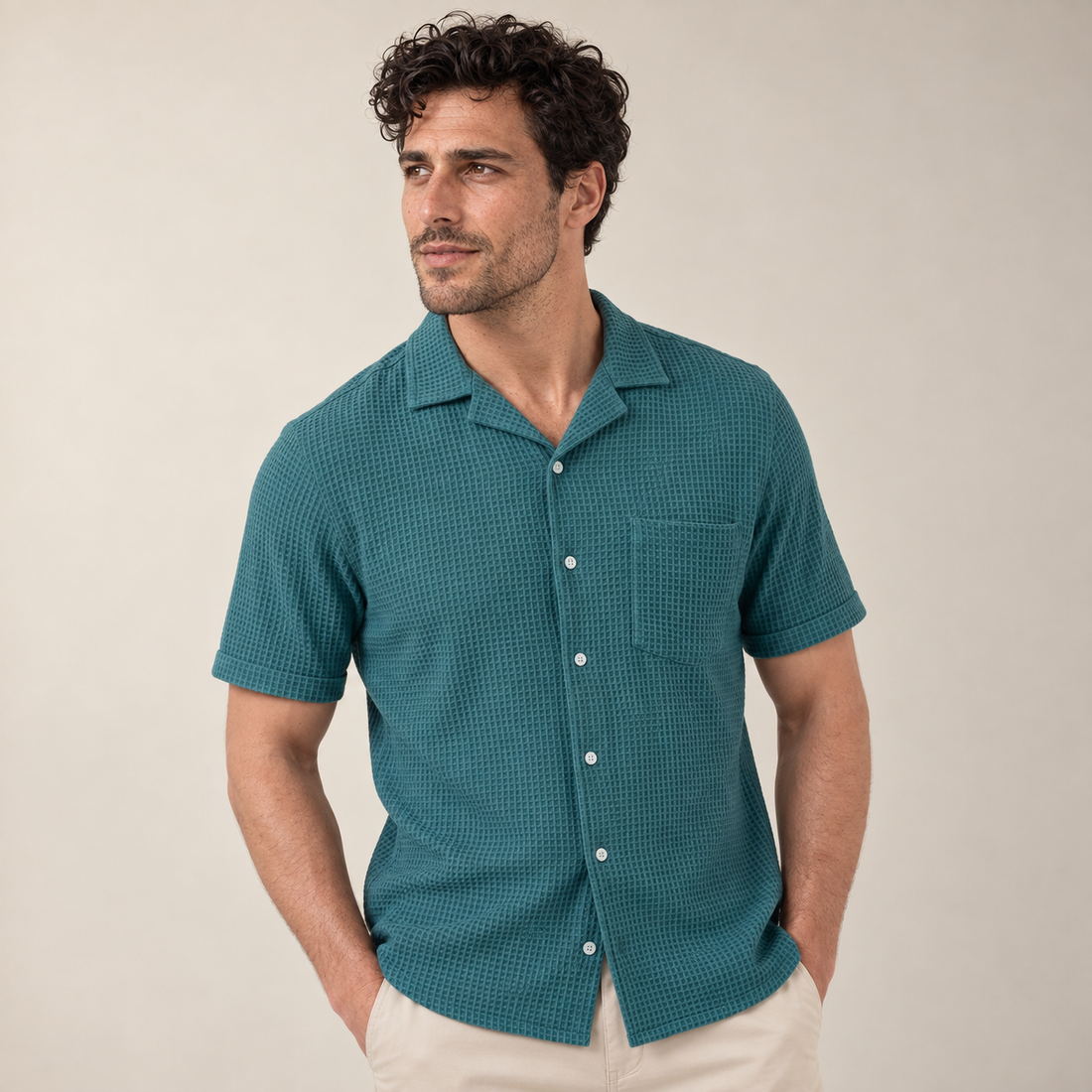Men's Casual Waffle Textured Button-Up Shirt