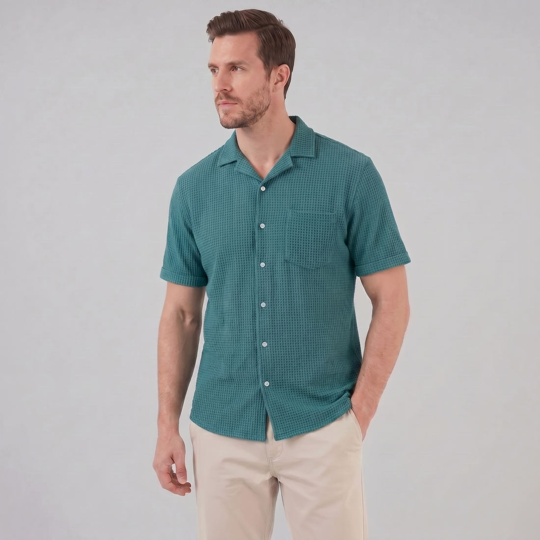 Men's Casual Waffle Textured Button-Up Shirt