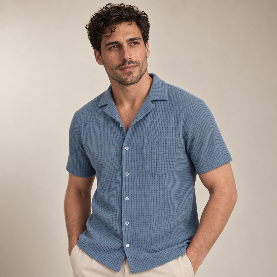 Men's Casual Waffle Textured Button-Up Shirt
