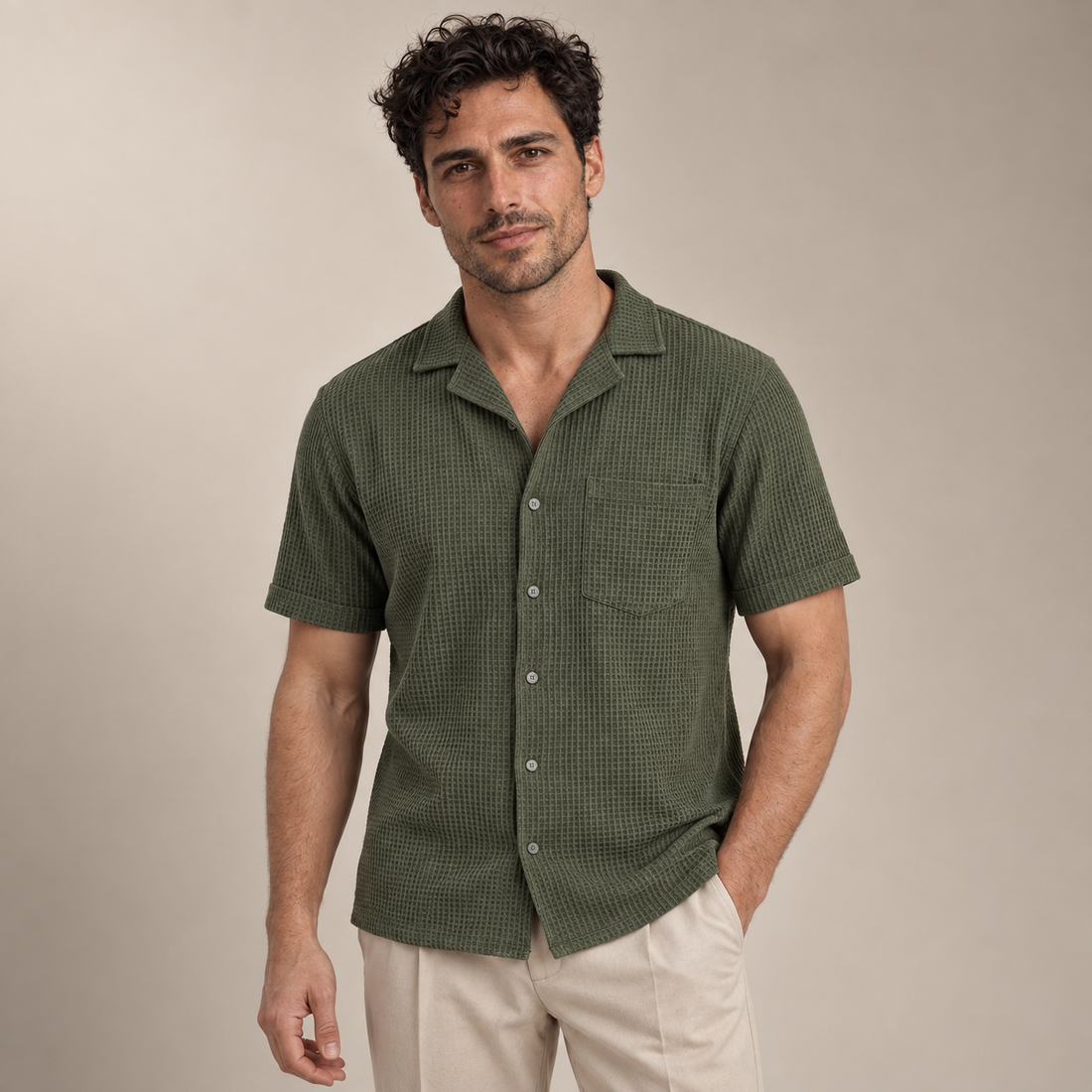 Men's Casual Waffle Textured Button-Up Shirt