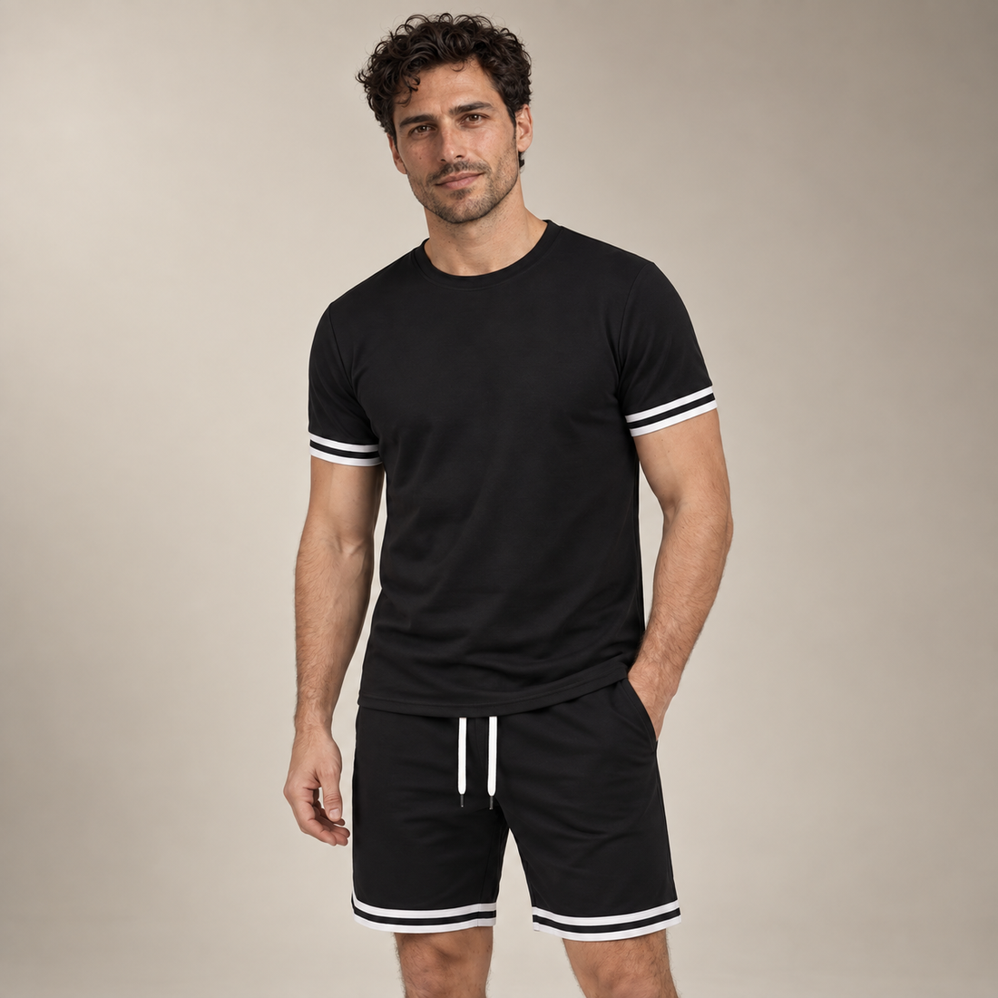 Men's Contrast Stripe T-Shirt and Shorts Set