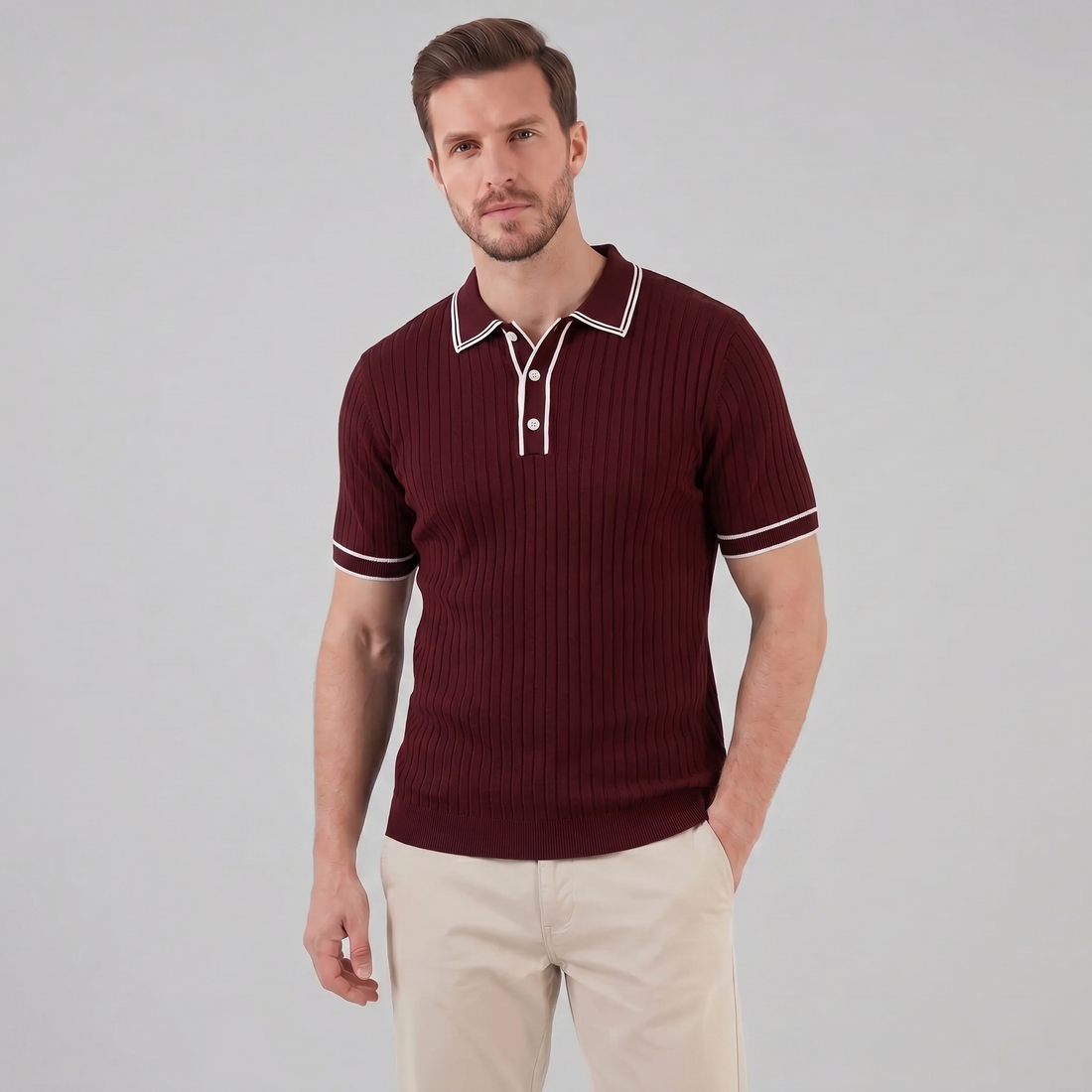 Men's Contrast Trim Ribbed Knit Polo