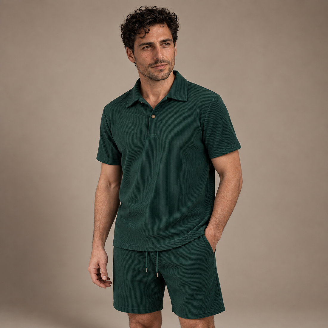 Men's Corduroy Polo and Shorts Outfit Set