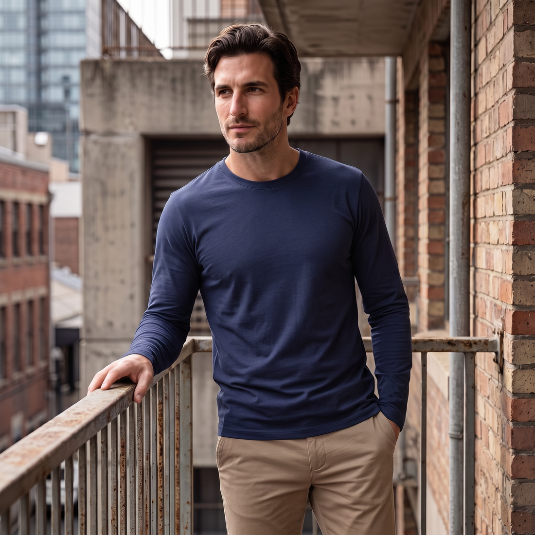Men's Cotton Blend Long Sleeve Crew Neck Shirt