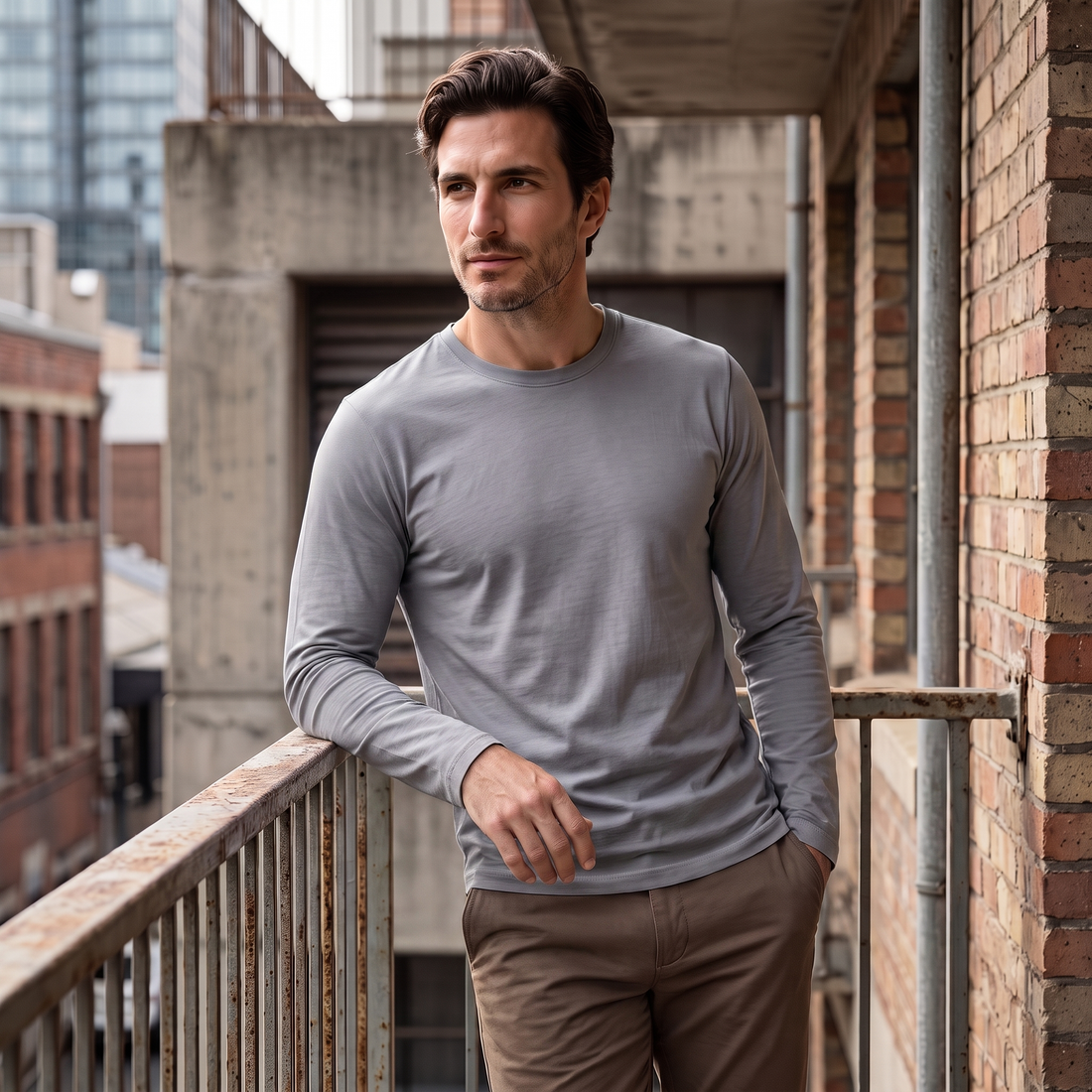 Men's Cotton Blend Long Sleeve Crew Neck Shirt