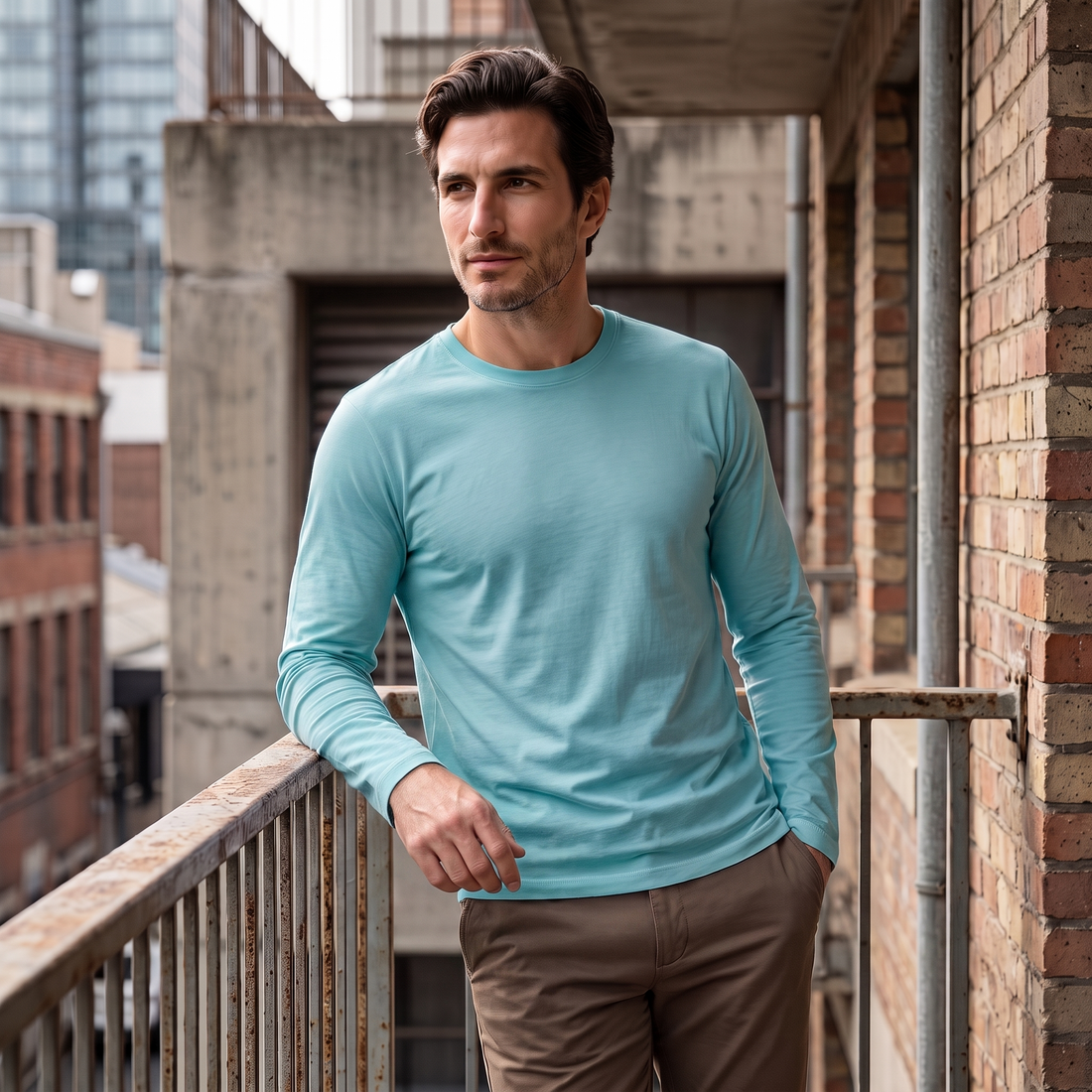 Men's Cotton Blend Long Sleeve Crew Neck Shirt