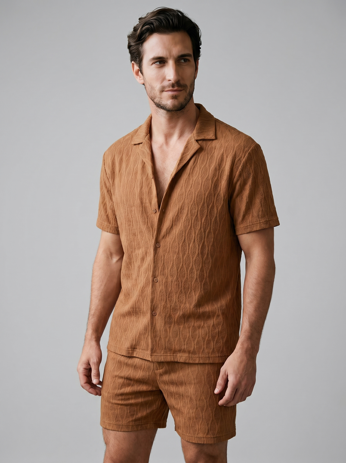 Men's Jacquard Wave Camp Shirt and Shorts Set