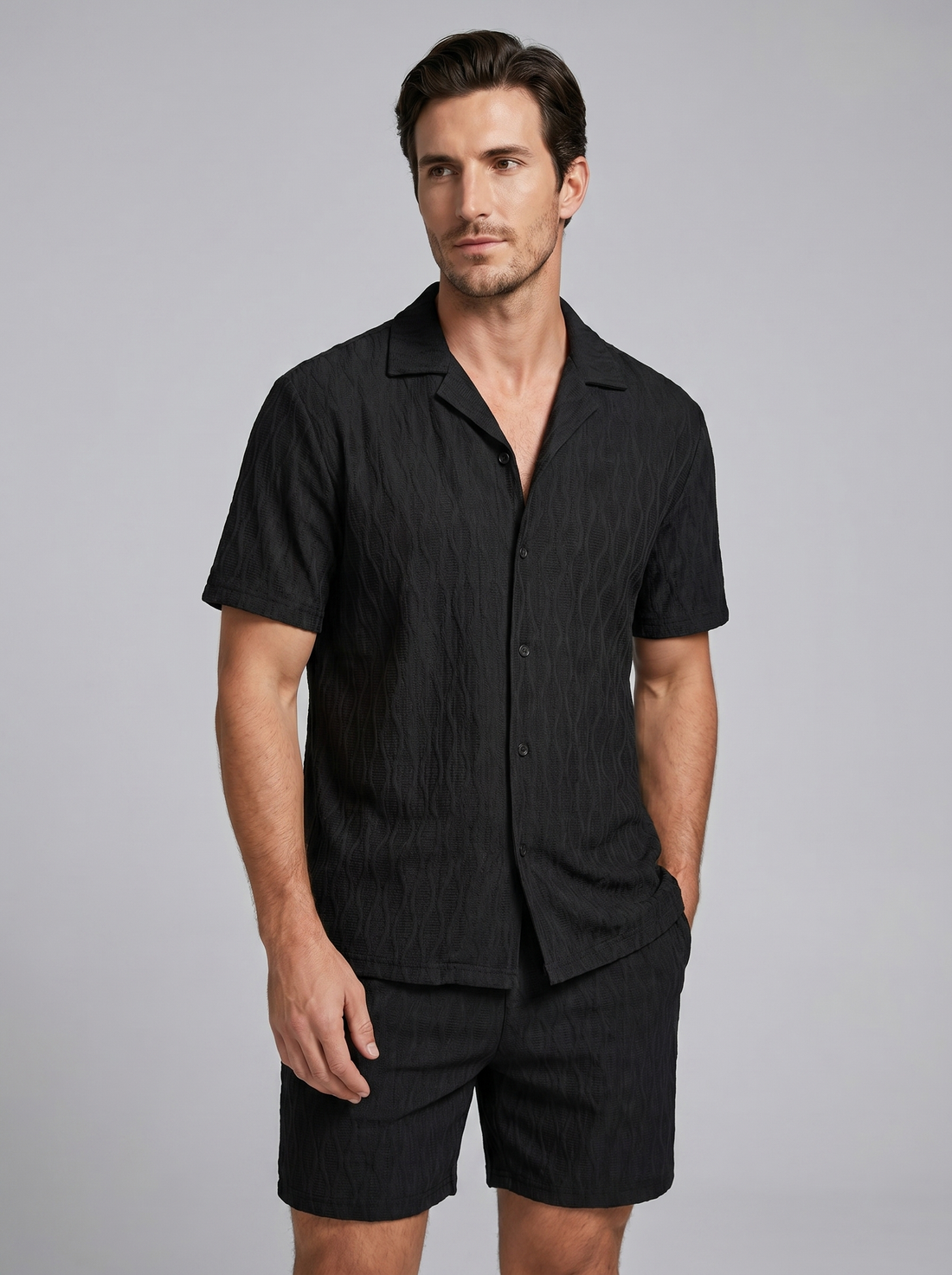 Men's Jacquard Wave Camp Shirt and Shorts Set