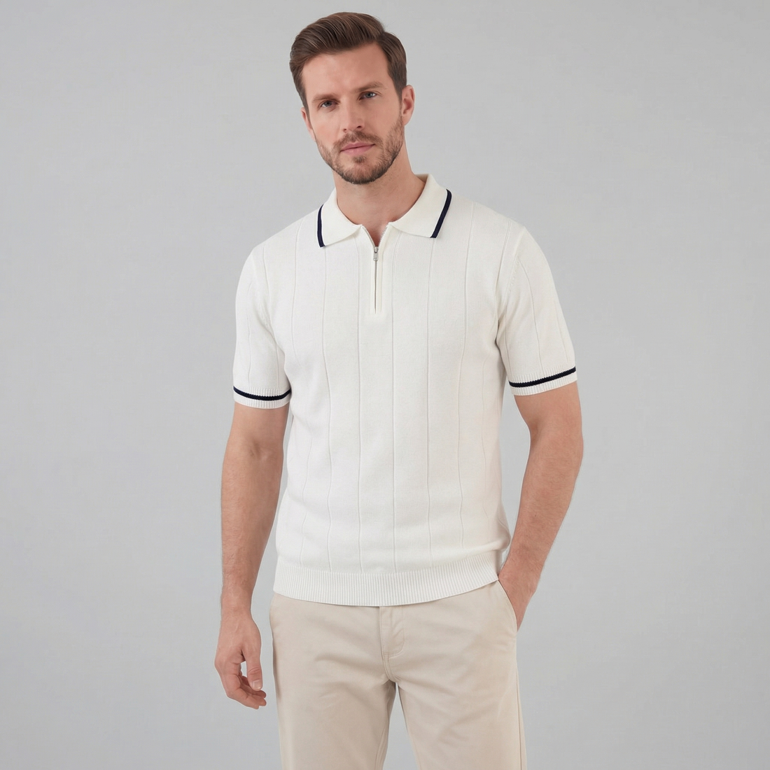 Men's Knit Polo Shirt with Retro Accents