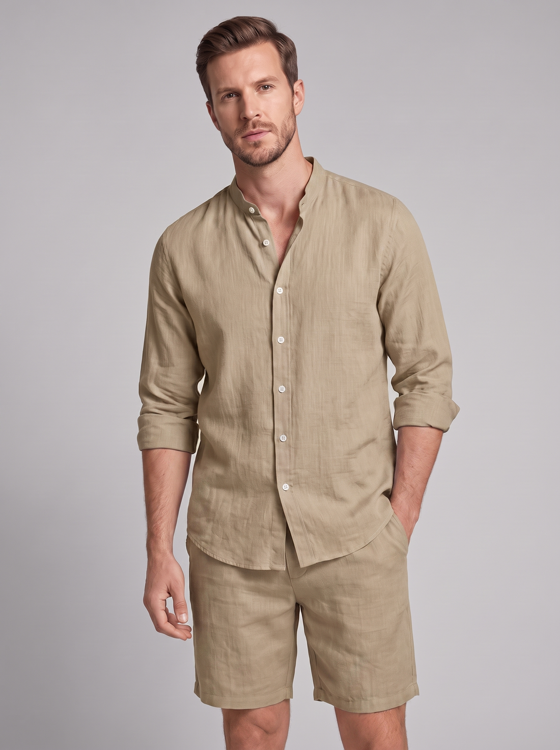 Men's Linen Band Collar Shirt and Shorts Co-ord Set