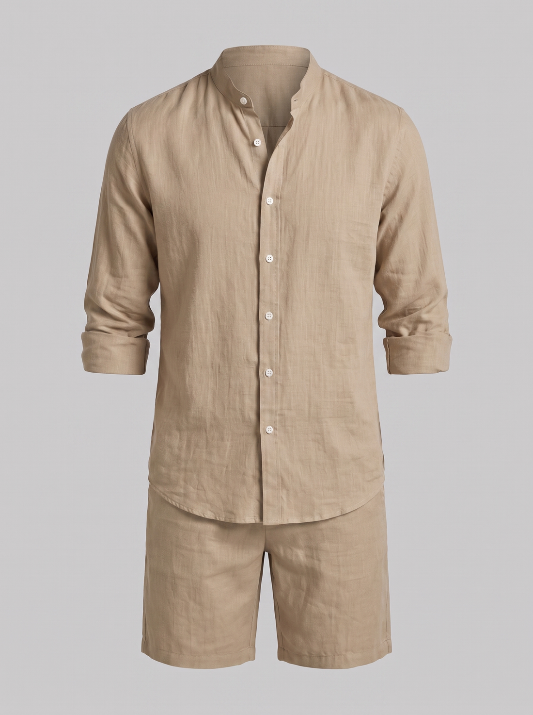 Men's Linen Band Collar Shirt and Shorts Co-ord Set
