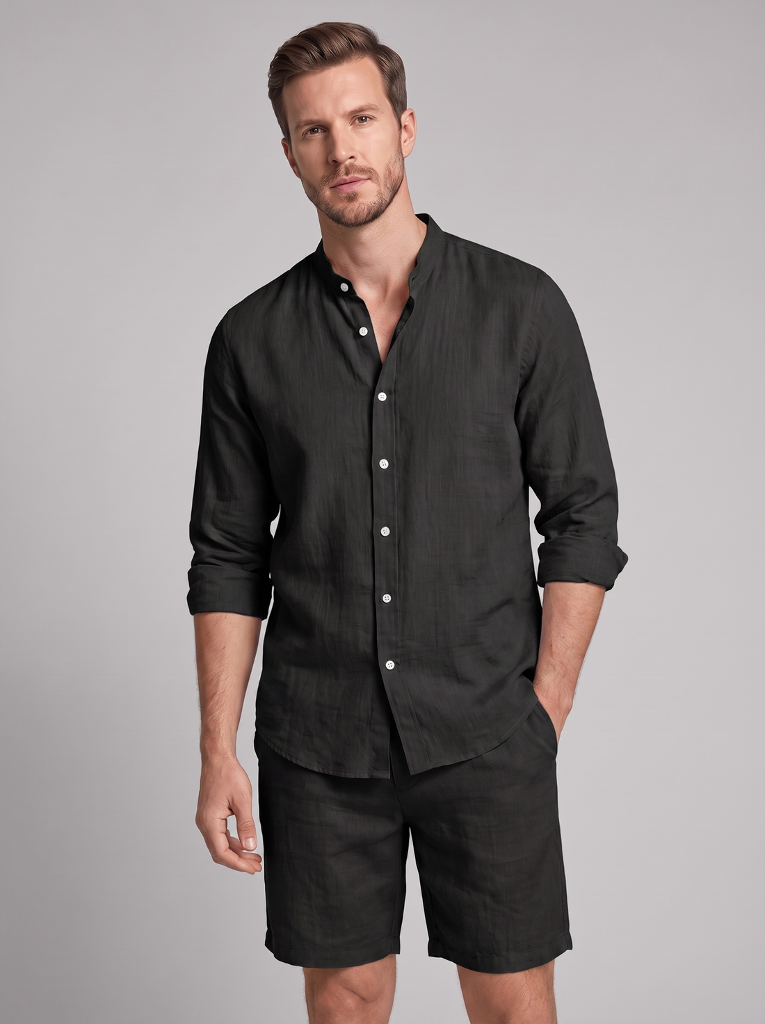 Men's Linen Band Collar Shirt and Shorts Co-ord Set