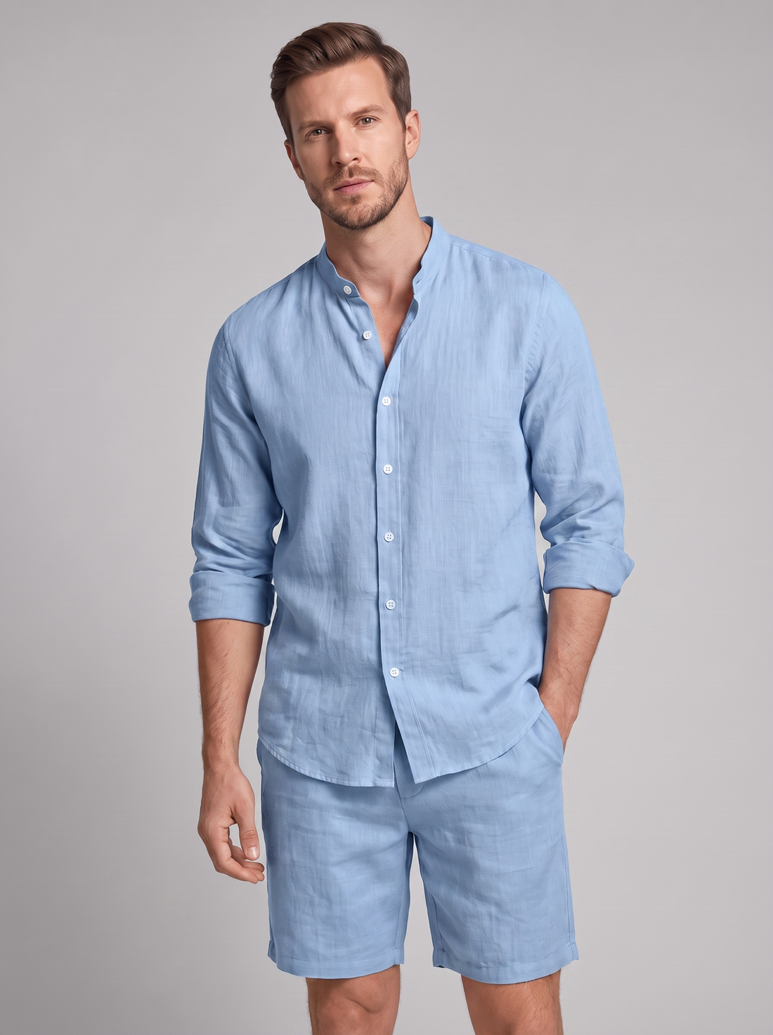 Men's Linen Band Collar Shirt and Shorts Co-ord Set