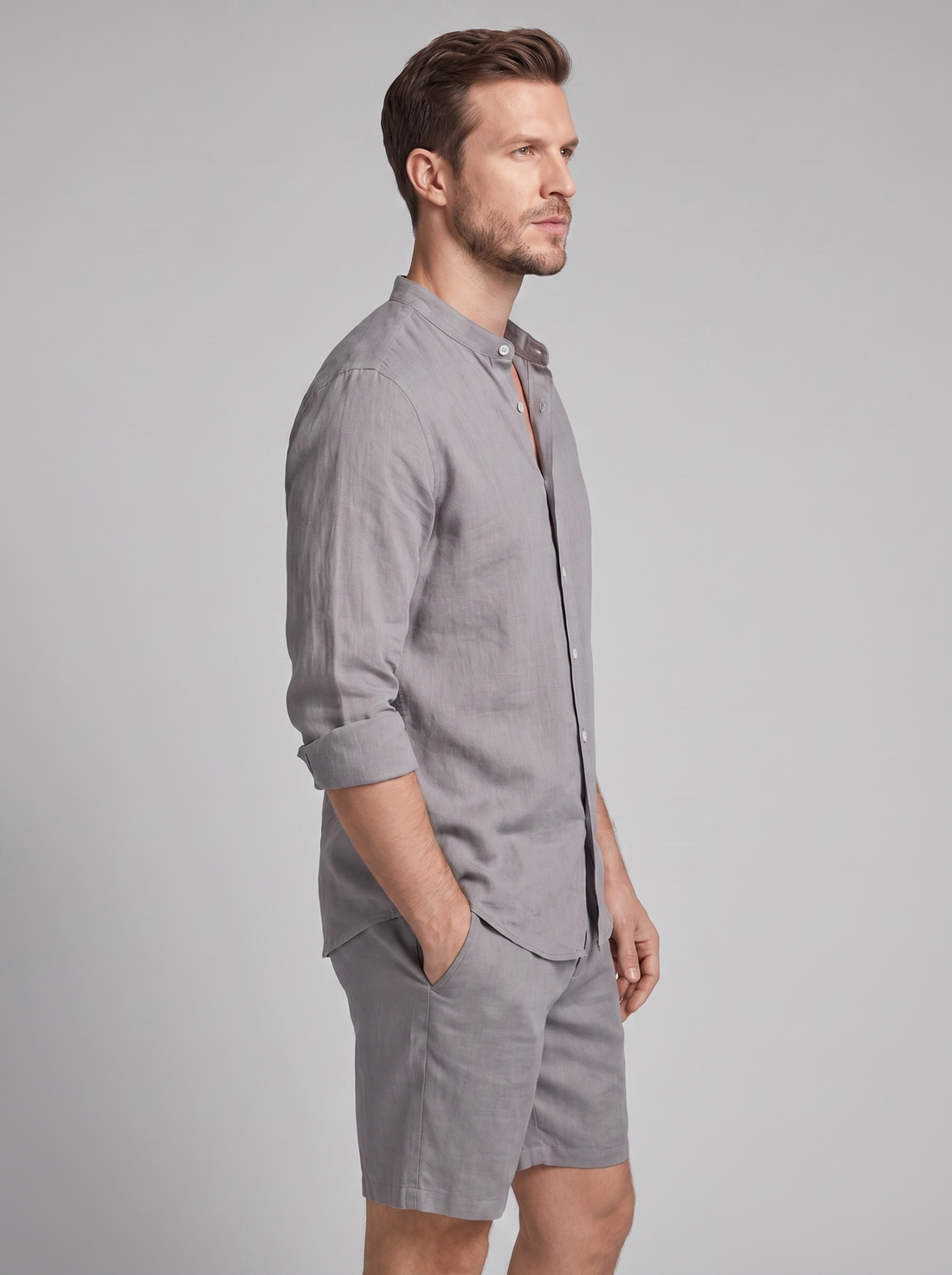 Men's Linen Band Collar Shirt and Shorts Co-ord Set