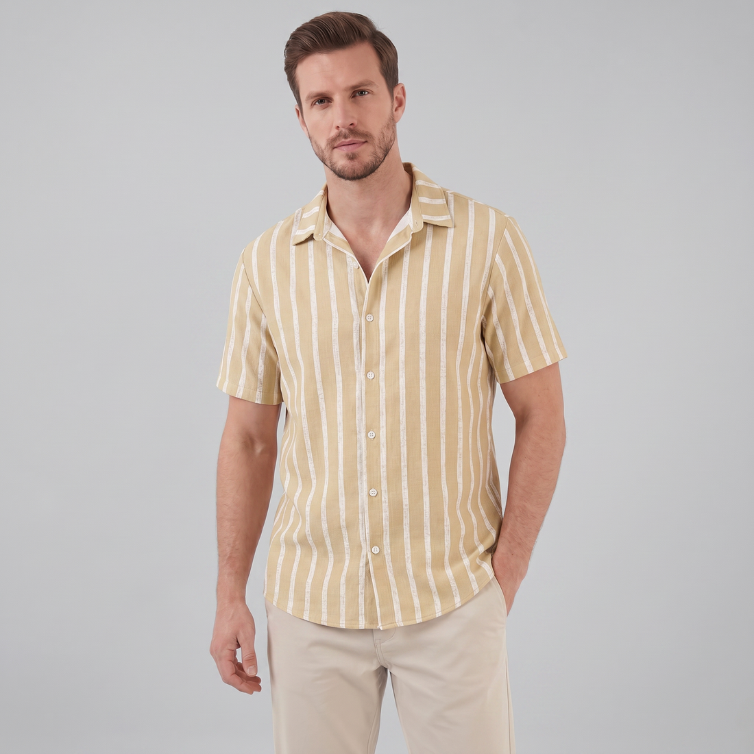 Men's Linen Blend Stripe Camp Collar Shirt