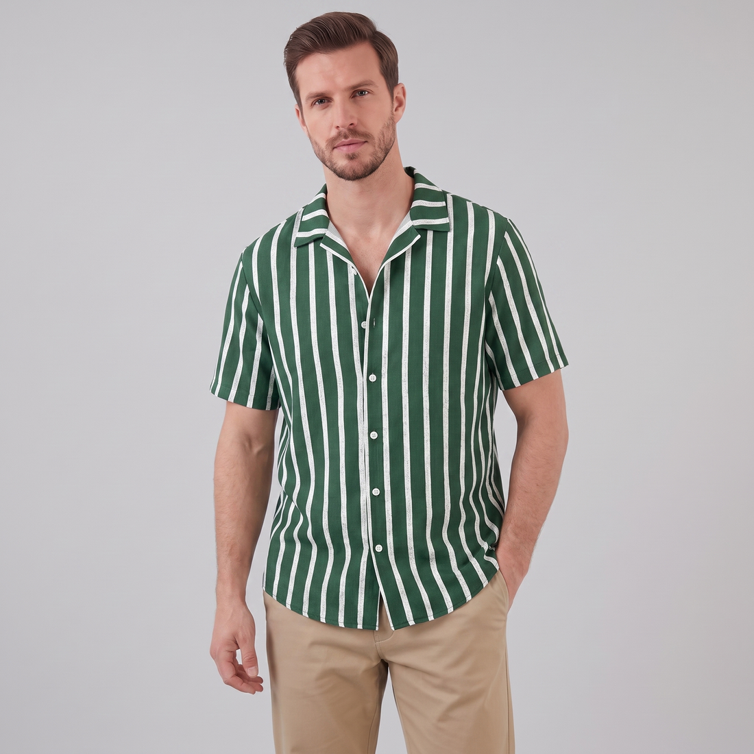 Men's Linen Blend Stripe Camp Collar Shirt