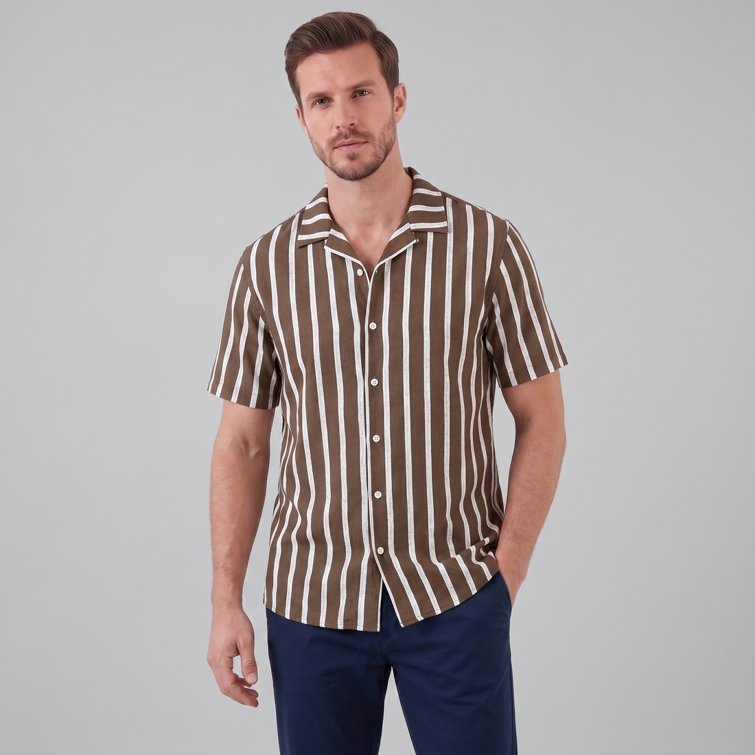 Men's Linen Blend Stripe Camp Collar Shirt