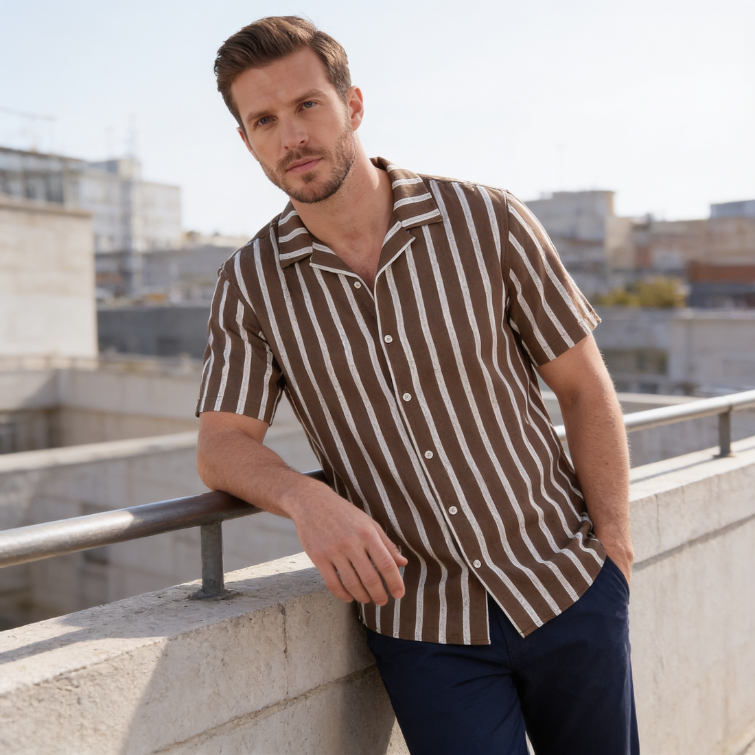 Men's Linen Blend Stripe Camp Collar Shirt