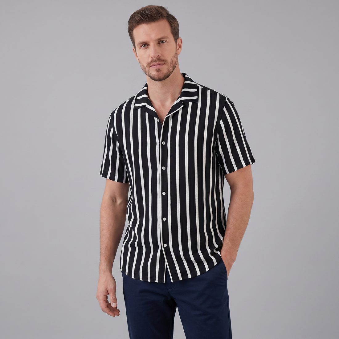 Men's Linen Blend Stripe Camp Collar Shirt