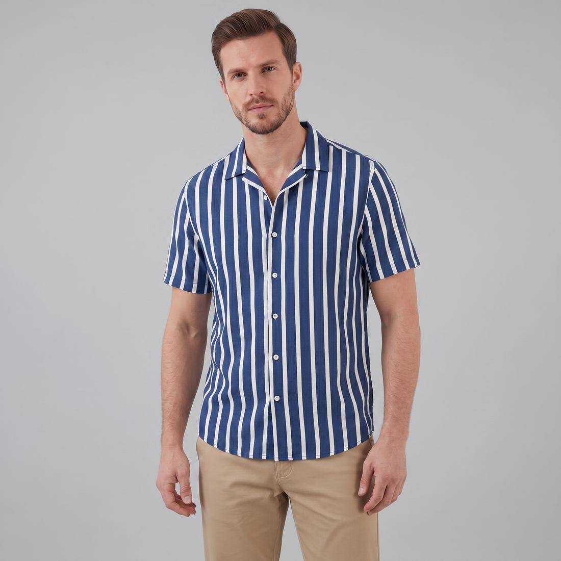 Men's Linen Blend Stripe Camp Collar Shirt