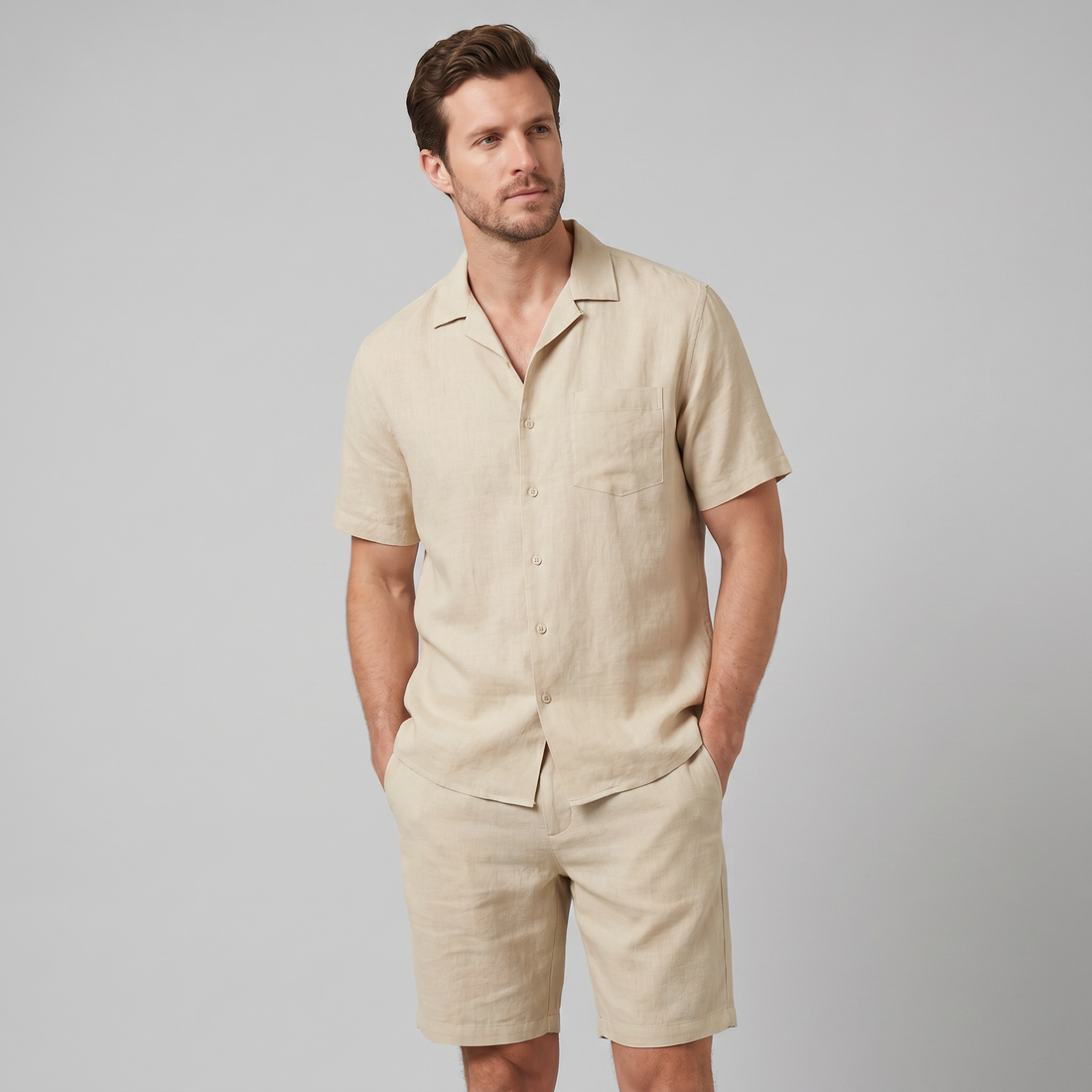 Men's Linen Camp Collar Shirt and Shorts Set