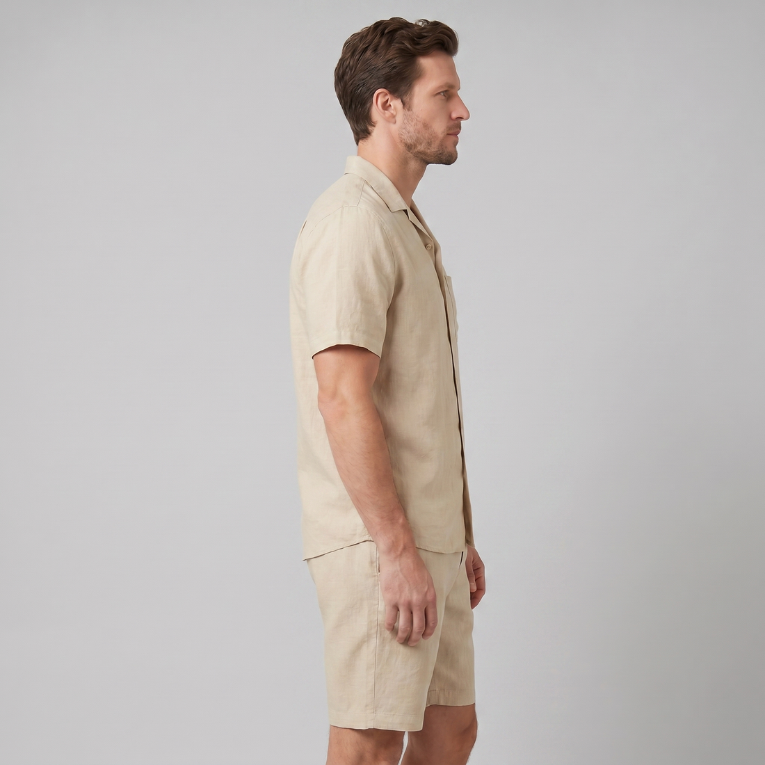 Men's Linen Camp Collar Shirt and Shorts Set
