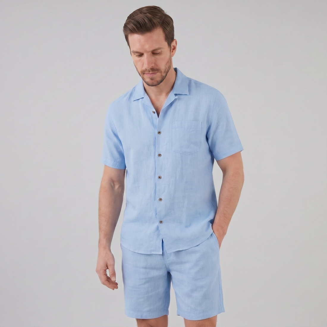 Men's Linen Camp Collar Shirt and Shorts Set