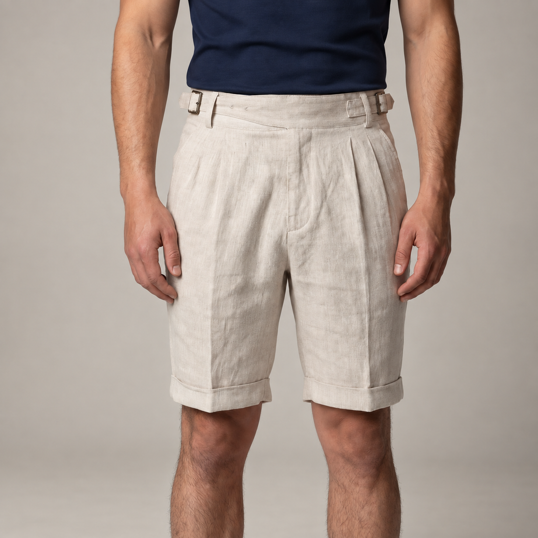 Men's Linen Classic Shorts with Adjustable Waist and Pleats