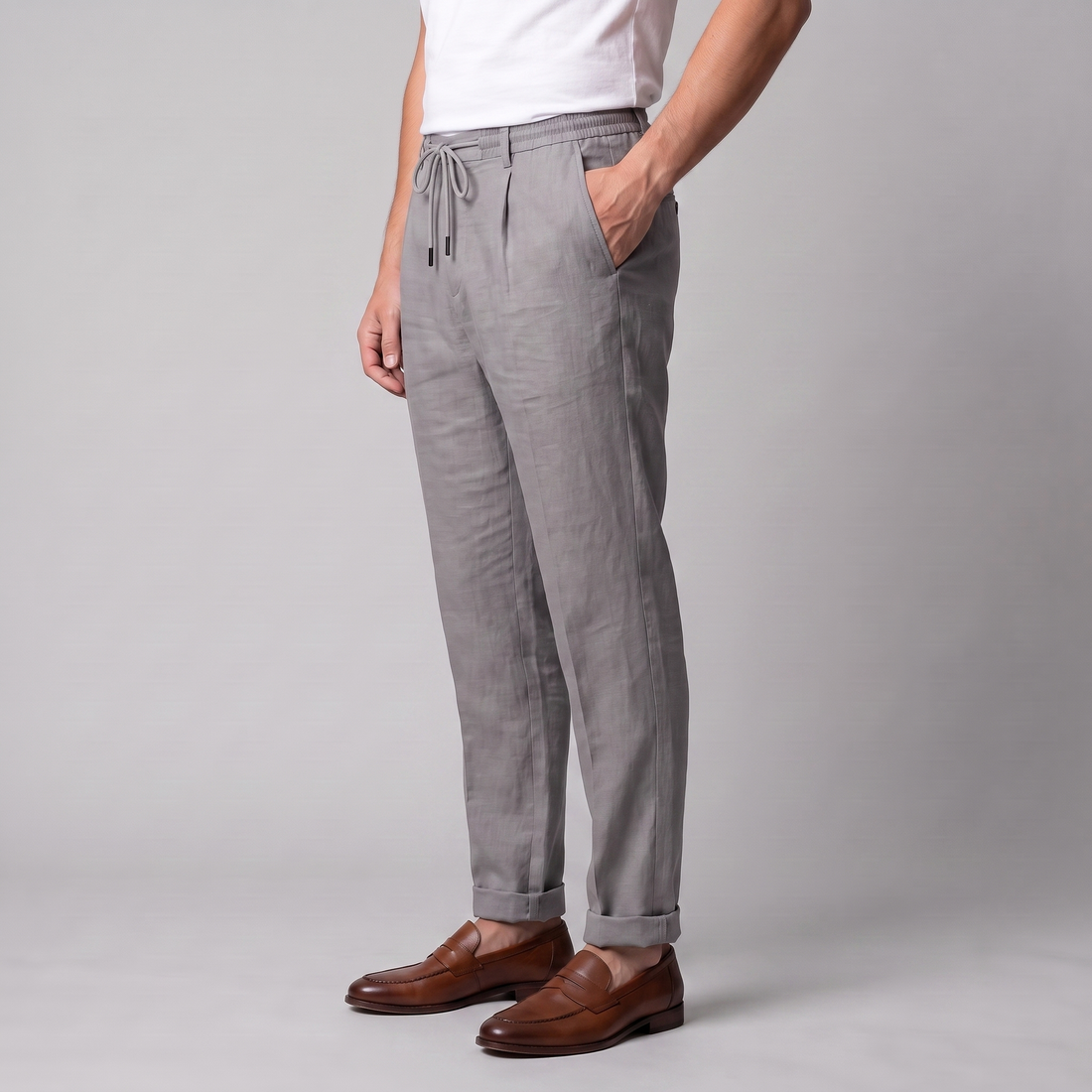 Men's Linen Drawstring Pleated Trousers