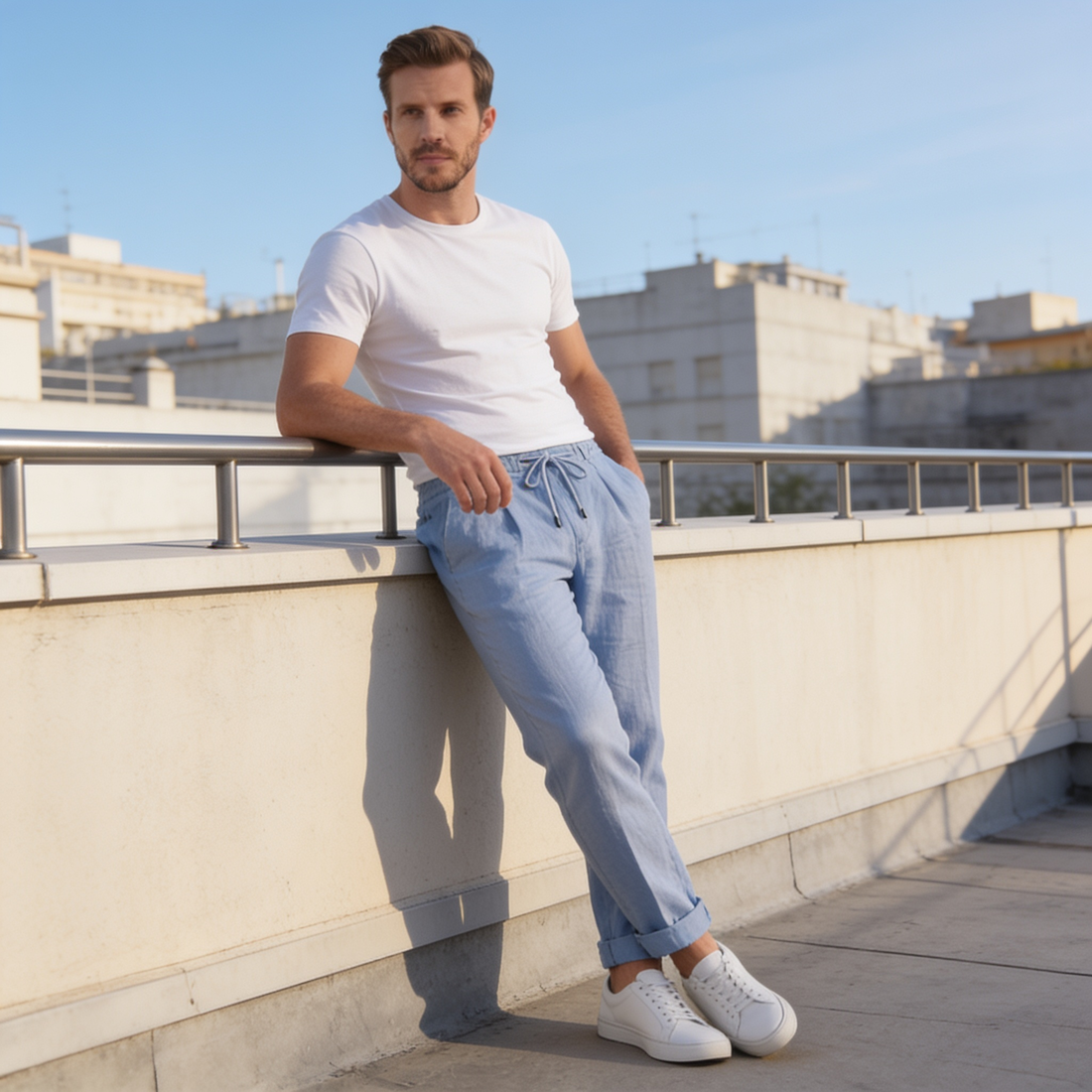 Men's Linen Drawstring Pleated Trousers