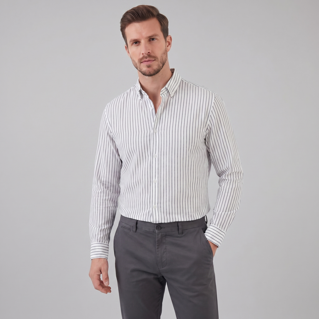 Men's Linen Vertical Stripe Dress Shirt