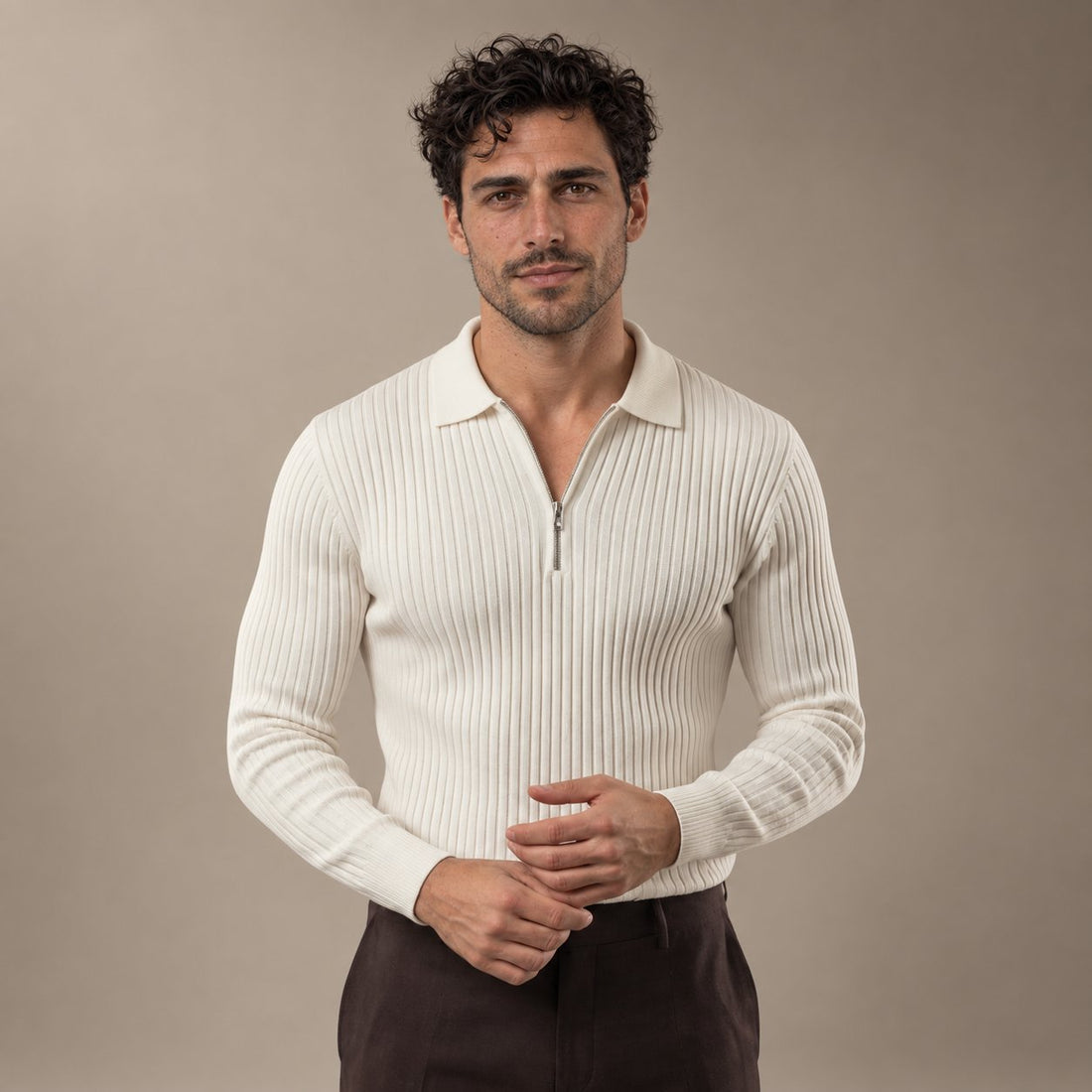 Men's Long Sleeved Zipper Polo Sweater