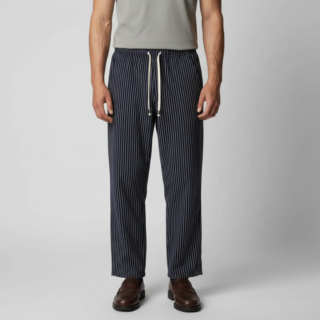 Men's Pinstripe Cotton Linen Drawstring Trousers