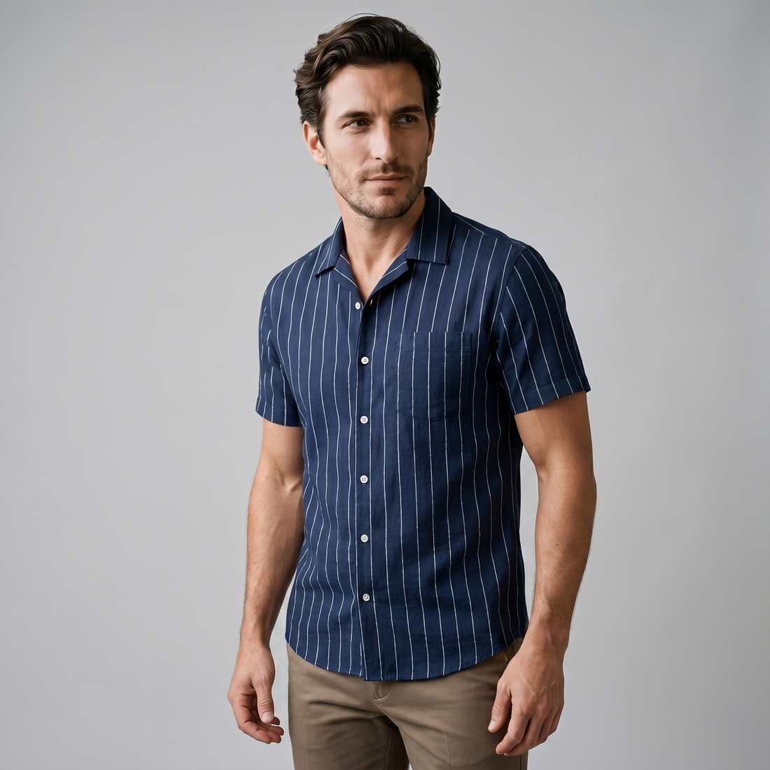 Men's Pinstripe Short-Sleeve Camp Shirt