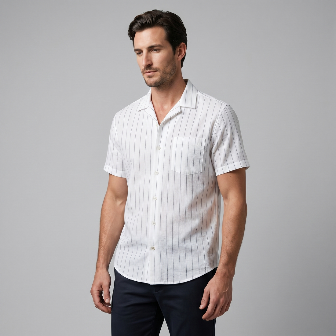 Men's Pinstripe Short-Sleeve Camp Shirt