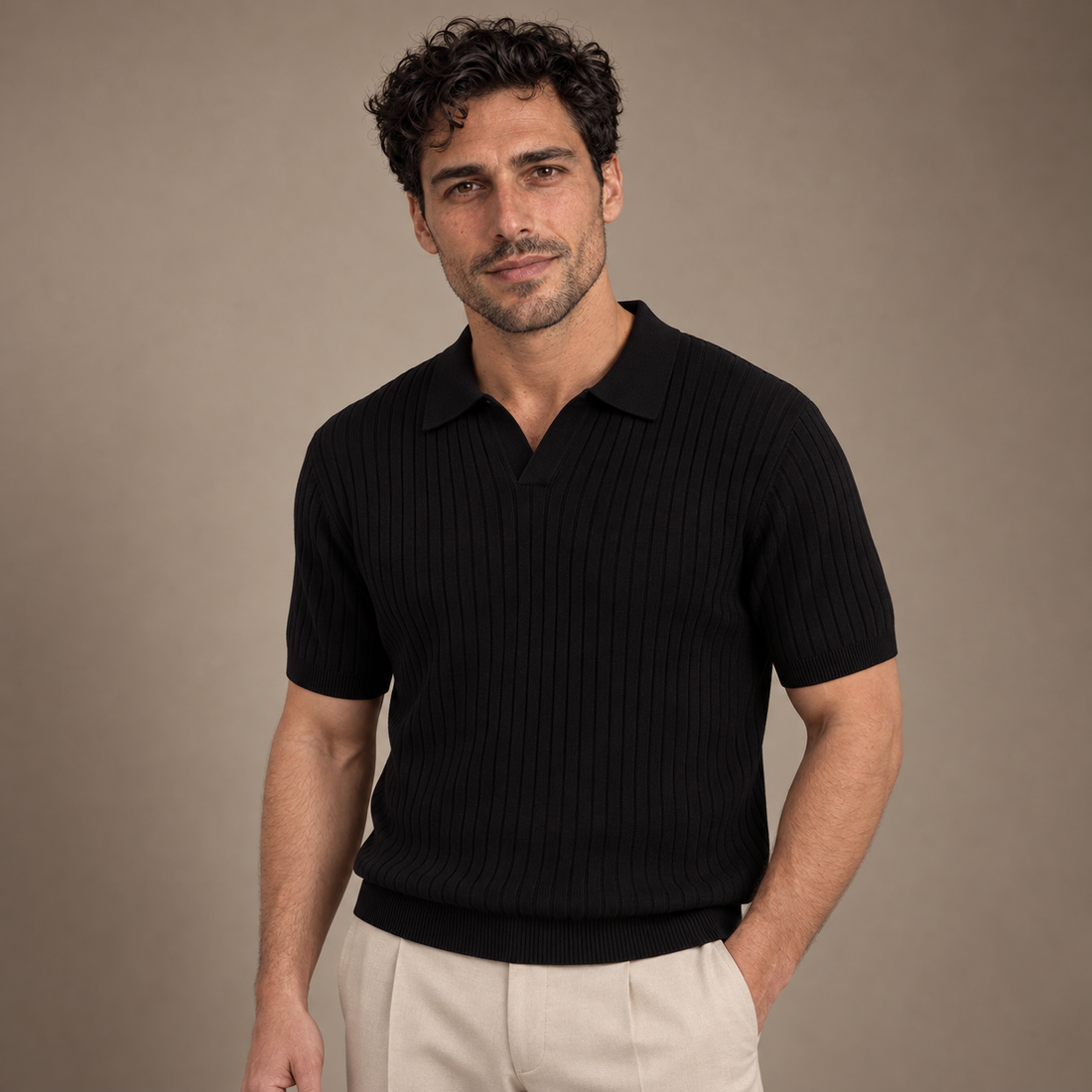 Men's Rib-Knit Polo Shirt with Short Sleeves