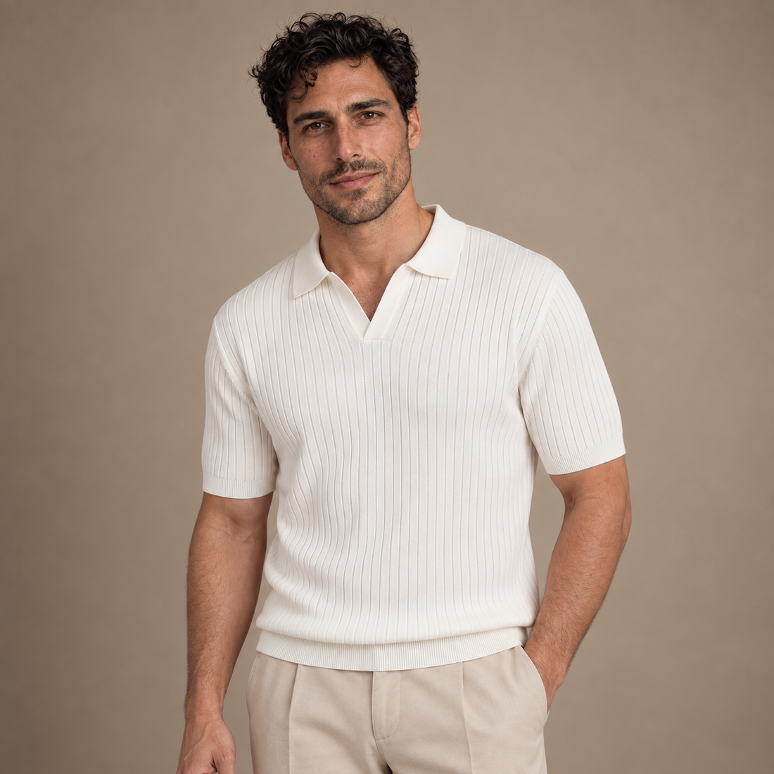 Men's Rib-Knit Polo Shirt with Short Sleeves
