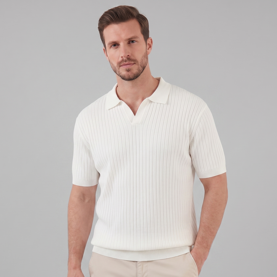 Men's Rib-Knit Polo Shirt with Short Sleeves