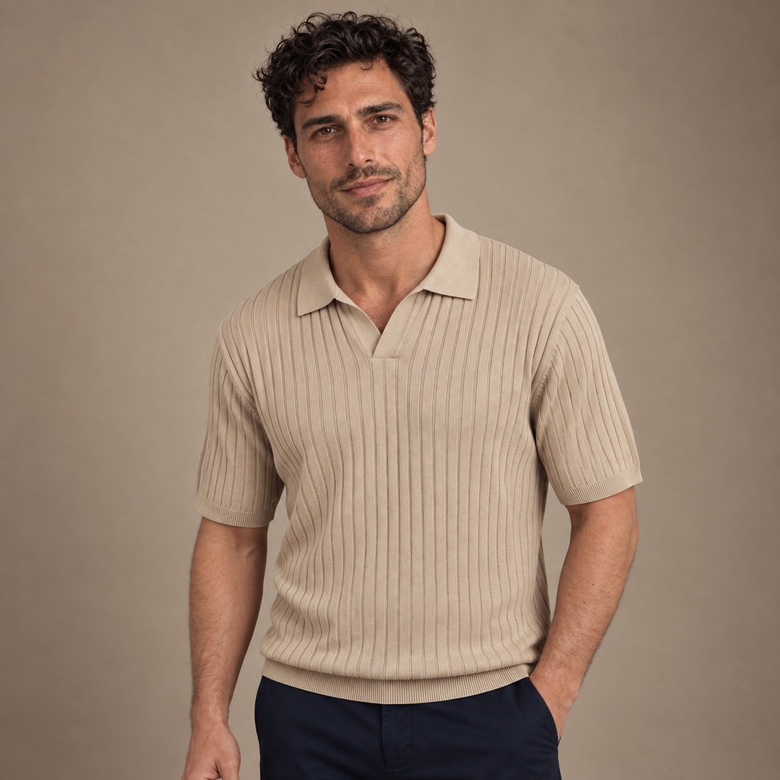 Men's Rib-Knit Polo Shirt with Short Sleeves