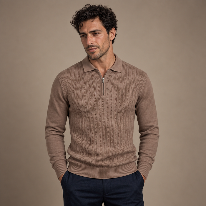 Men's Rib Knit Polo Shirt with Zipper