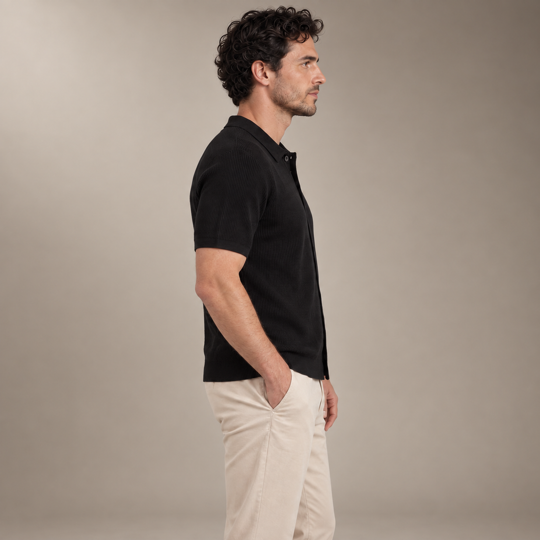 Men's Ribbed Knit Button-Through Polo