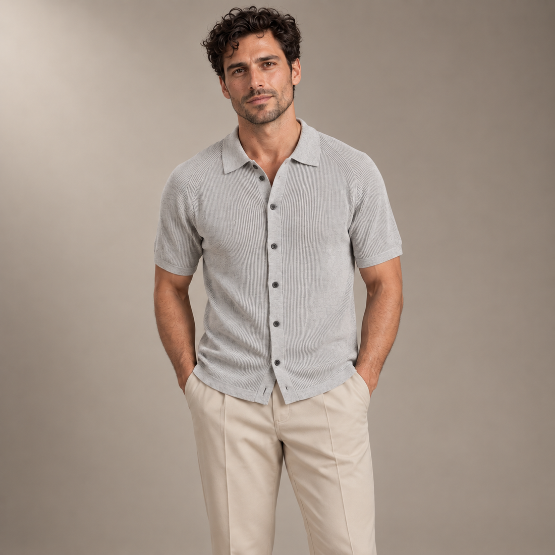 Men's Ribbed Knit Button-Through Polo