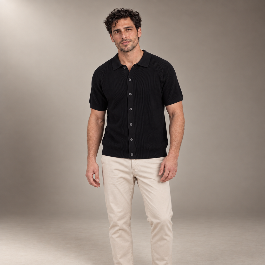 Men's Ribbed Knit Button-Through Polo