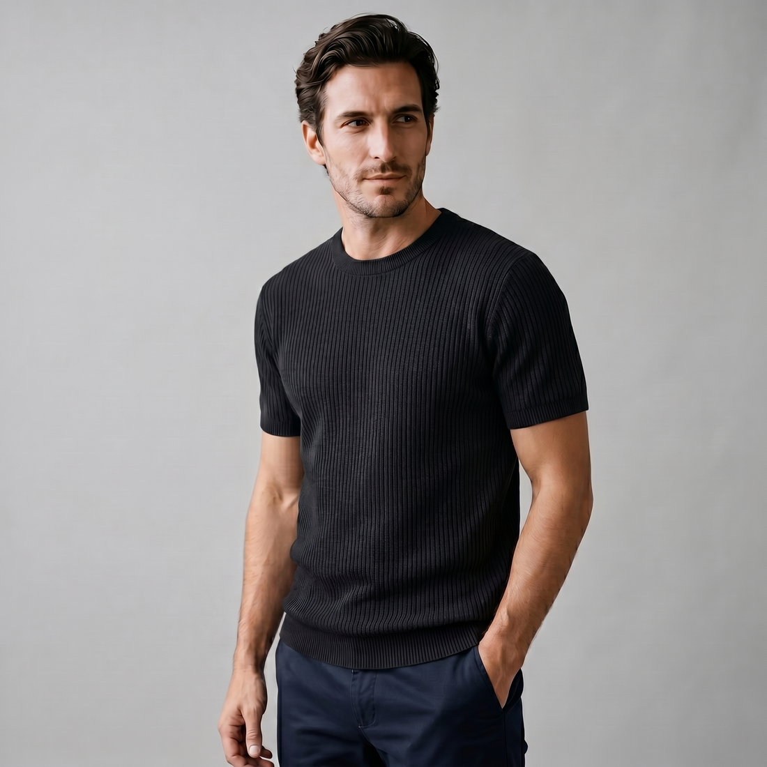 Men's Ribbed Knit Crew Neck T-Shirt