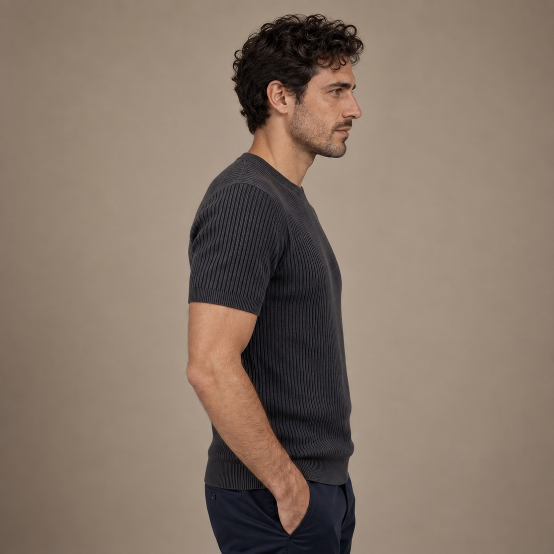 Men's Ribbed Knit Crew Neck T-Shirt