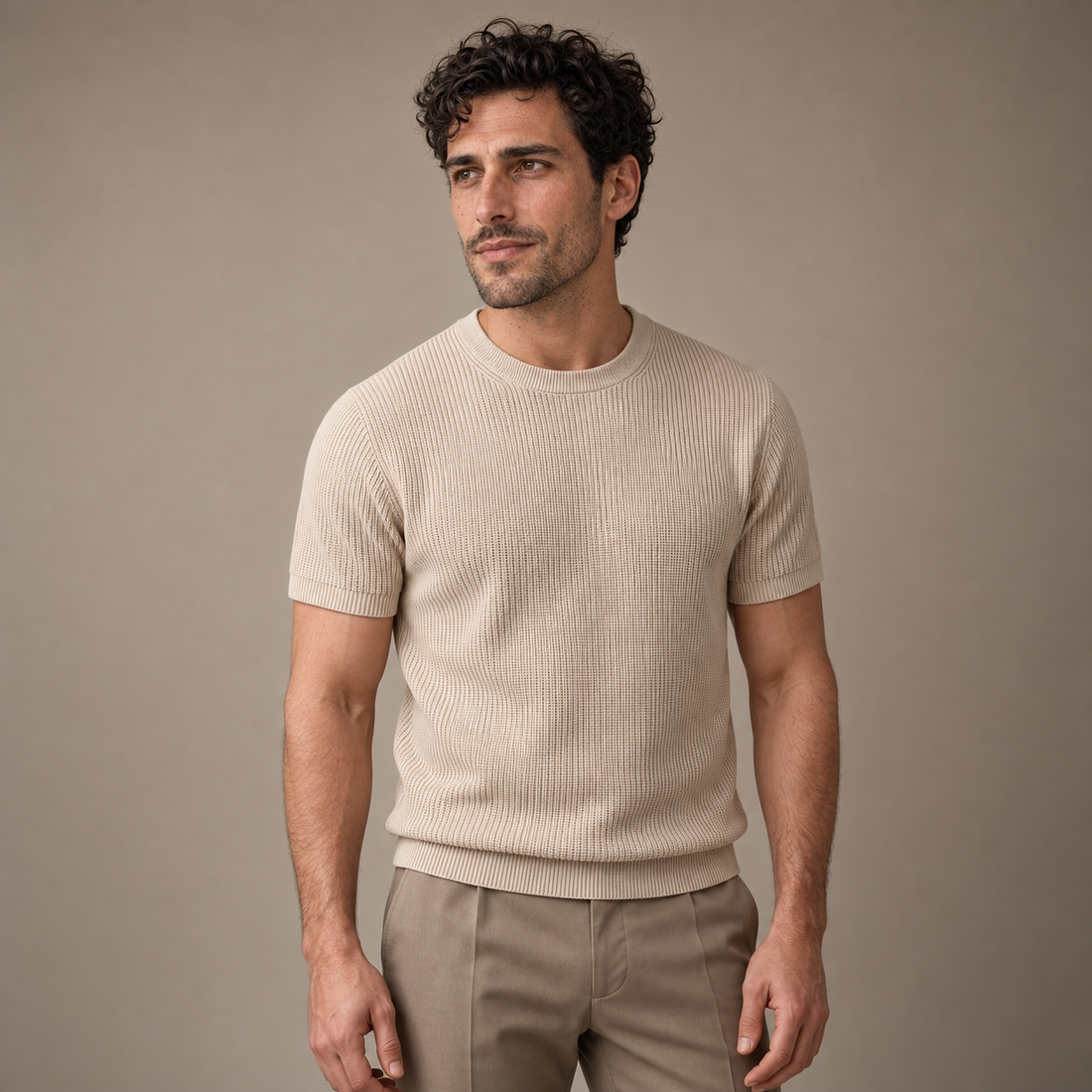 Men's Ribbed Knit Crew Neck T-Shirt